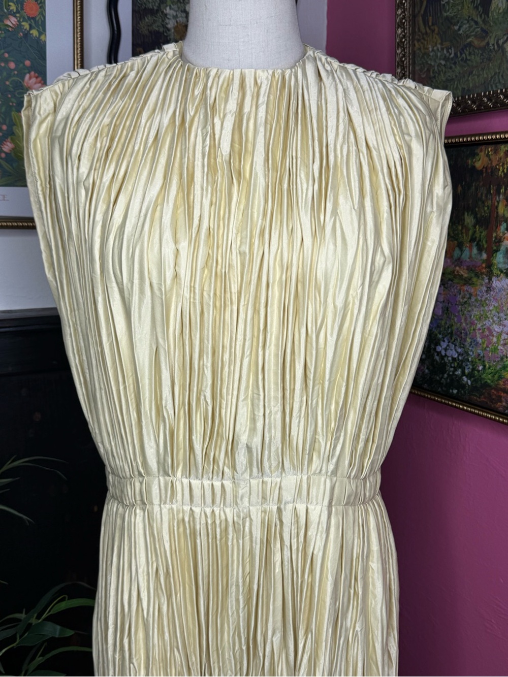 NEW JIL SANDER Cream Plissé Satin Pleated Midi Dress Sz US 4 - Picture 4 of 14